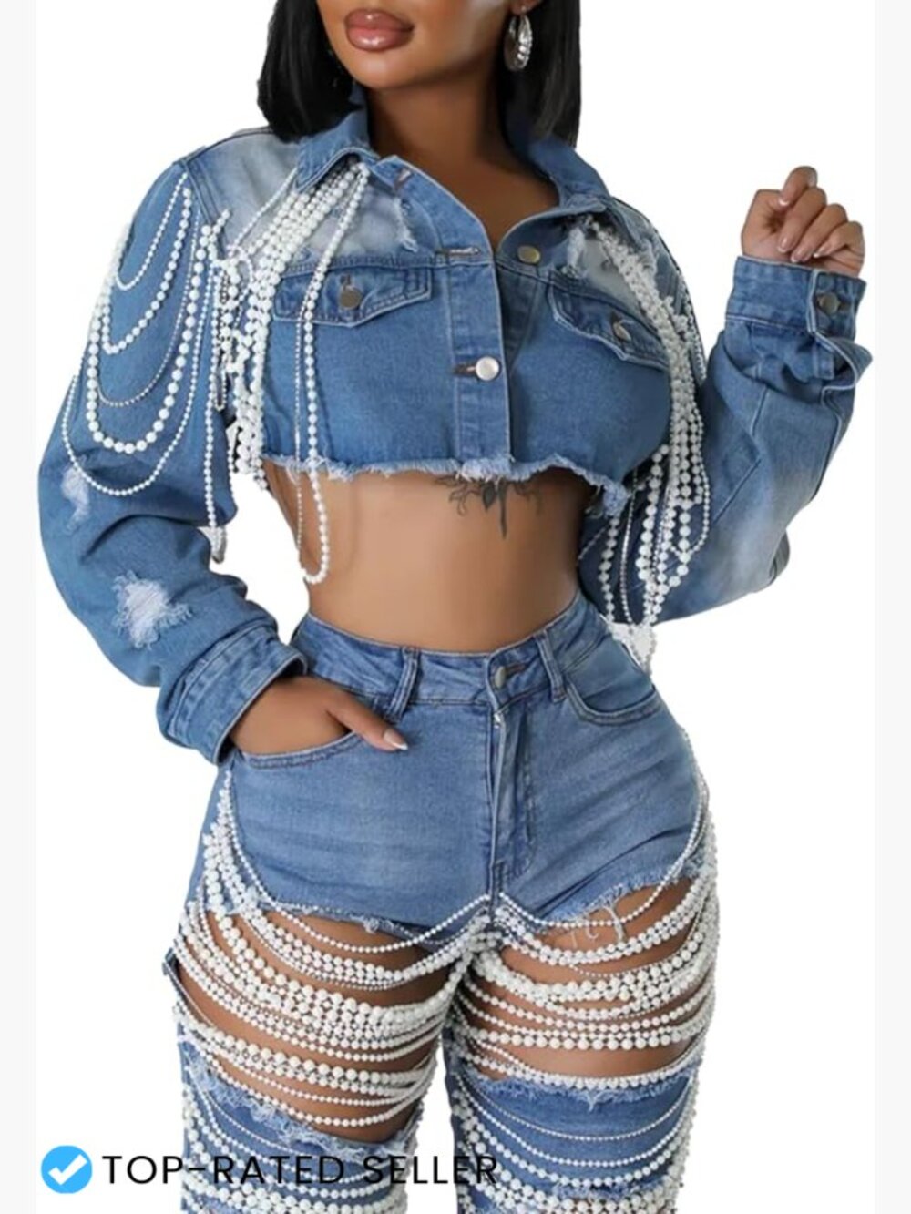 Cropped Denim Jacket Women Pearl Embellished Ripped Distressed Jean Coat Trendy
